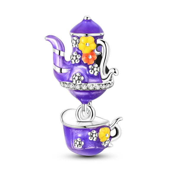 925 Sterling Silver Purple Tea Set Charm for Bracelets Fine Jewelry Women Pendant