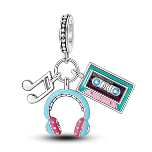 925 Sterling Silver Retro Cassette and Music Charm for Bracelets Fine Jewelry Women Pendant