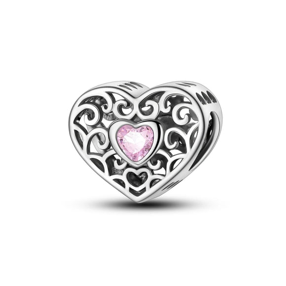 925 Sterling Silver Retro Pink Heart Charm for Bracelets Fine Jewelry Women