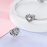 925 Sterling Silver Retro Pink Heart Charm for Bracelets Fine Jewelry Women
