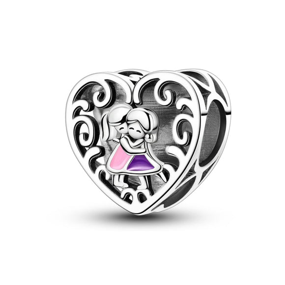 925 Sterling Silver Sister Forever Heart Charm for Bracelets Fine Jewelry Women