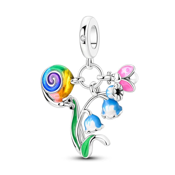 925 Sterling Silver Snail and Flowers Charm for Bracelets Fine Jewelry Women Pendant