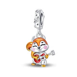 925 Sterling Silver Squirrel Playing Guitar Charm for Bracelets Fine Jewelry Women Pendant