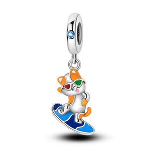 925 Sterling Silver Surfing Cat Charm for Bracelets Fine Jewelry Women Pendant
