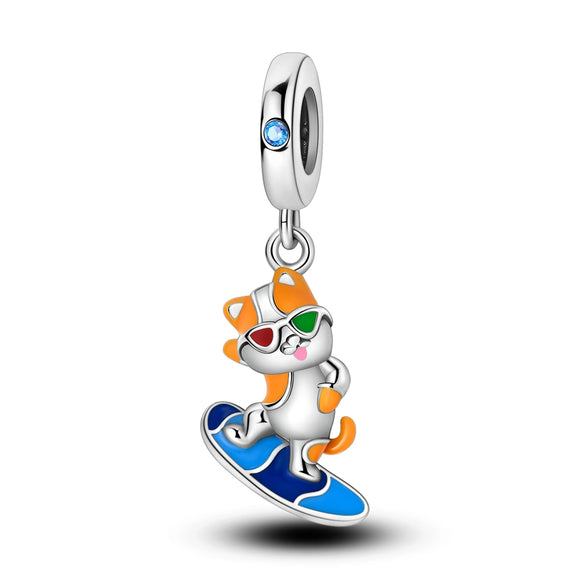 925 Sterling Silver Surfing Cat Charm for Bracelets Fine Jewelry Women Pendant