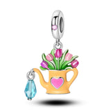 925 Sterling Silver Tulps and Watering Can Charm for Bracelets Fine Jewelry Women Pendant
