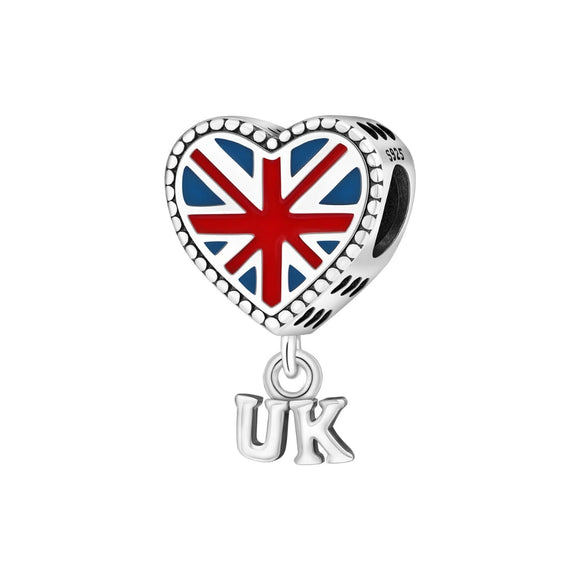 925 Sterling Silver United Kingdom Heart Charm for Bracelets Fine Jewelry Women Pendant