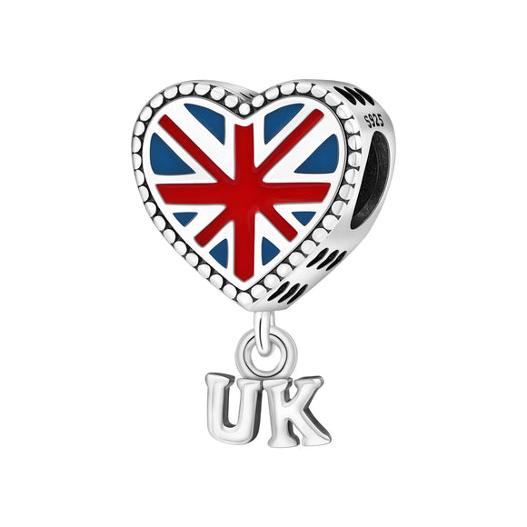 925 Sterling Silver United Kingdom Heart Charm for Bracelets Fine Jewelry Women Pendant
