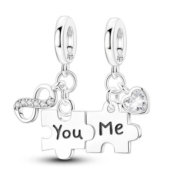 925 Sterling Silver You and Me Puzzle Charm for Bracelets Fine Jewelry Women Pendant