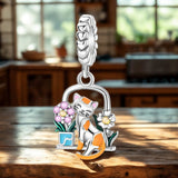 925 Sterling Silver Cat with Flowers Charm for Bracelets Fine Jewellery Women Pendant