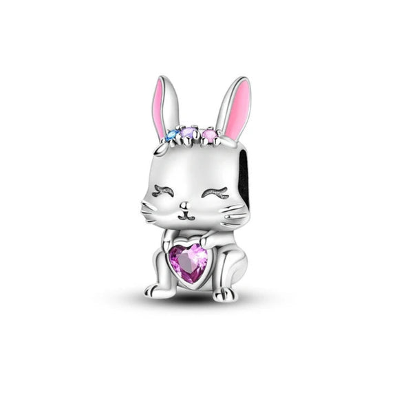 925 Sterling Silver Pink Rabbit Charm for Bracelets Fine Jewelry Women