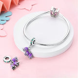 925 Sterling Silver Purple Flowers Charm for Bracelets Fine Jewelry Women Pendant