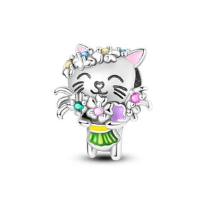 925 Sterling Silver Kitty with Flowers Charm for Bracelets Fine Jewelry Women Pendant
