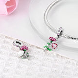 925 Sterling Silver Pink Flower Charm for Bracelets Fine Jewelry Women Pendant