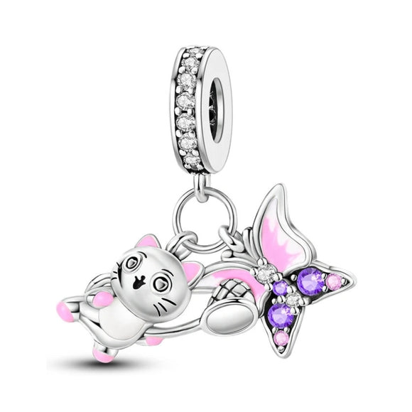 925 Sterling Silver Kitty and Butterfly Charm for bracelets jewelry women