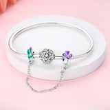925 Sterling Silver Purple Flower Safety Chain Charm for Bracelets Jewelry Women