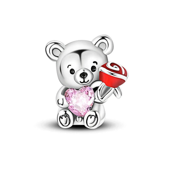 925 Sterling Silver Bear with Heart Charm for Bracelets Fine Jewelry Women Pendant