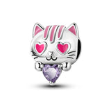 925 Sterling Silver Kitty with Purple Heart Charm for Bracelets Fine Jewelry Women Pendant
