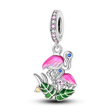 925 Sterling Silver Pink Flamingos Charm for Bracelets Fine Jewelry Women Pendant