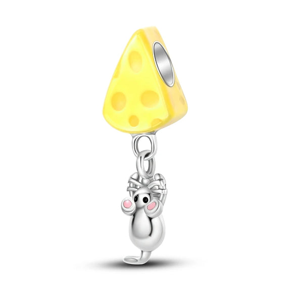 925 Sterling Silver Mouse with Cheese Charm for Bracelets Fine Jewelry Women Pendant