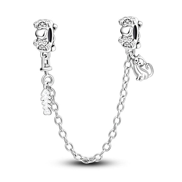 925 Sterling Silver Kitty Cat Safety Chain Charm for Bracelets Fine Jewelry Women