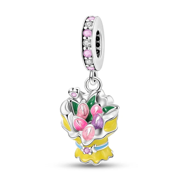 925 Sterling Silver Bouquet of Tulips Charm for Bracelets Jewelry Women Pendant