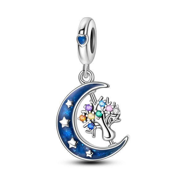 925 Sterling Silver Moon and Tree Charm for Bracelets Fine Jewelry Women Pendant