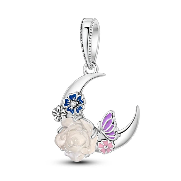 925 Sterling Silver Floral Moon Charm for Bracelets Fine Jewelry Women Pendant