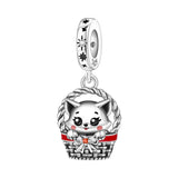 925 Sterling Silver Kitty Cat in a Basket Charm for Bracelets Fine Jewelry Women Pendant