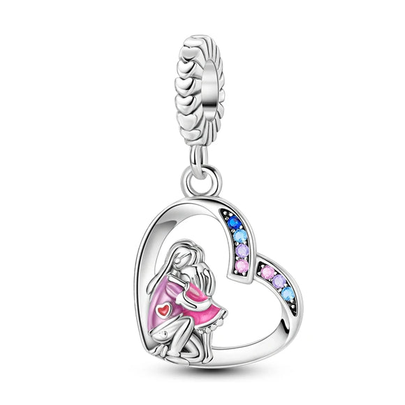 925 Sterling Silver Mom and Daughter Love Charm for Bracelets Fine Jewelry Women Pendant