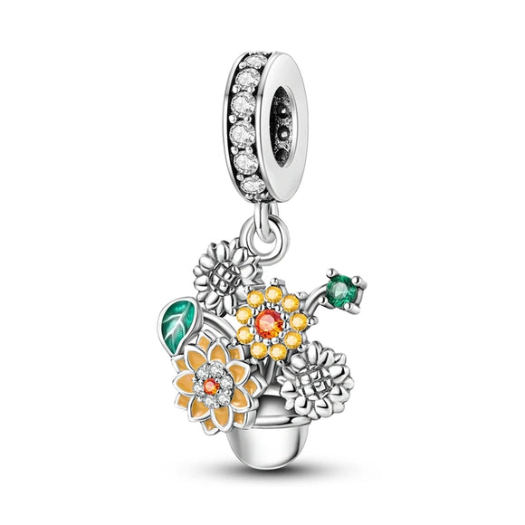 925 Sterling Silver Flowers in a Pot Charm for Bracelets Fine Jewelry Women Pendant