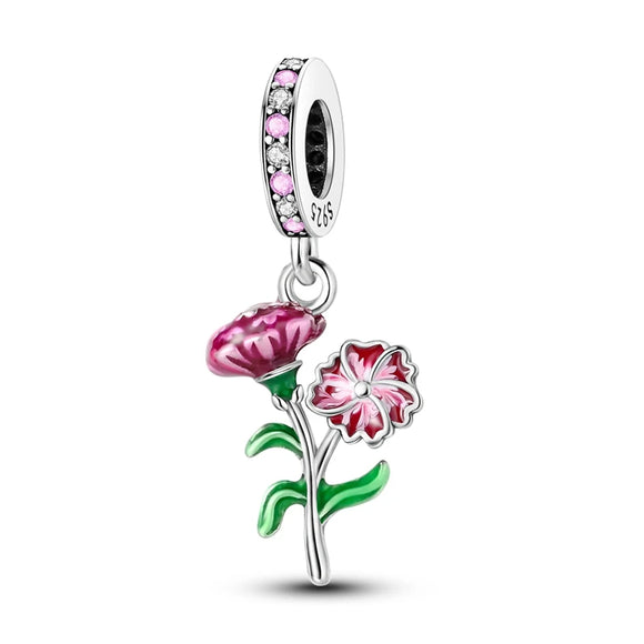 925 Sterling Silver Pink Flower Charm for Bracelets Fine Jewelry Women Pendant