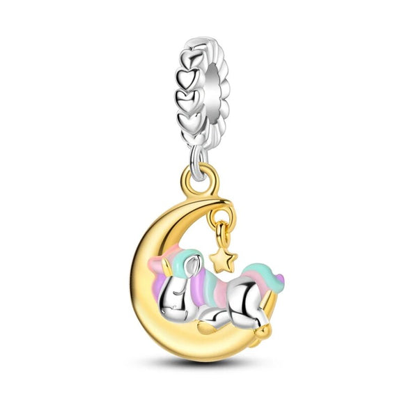 925 Sterling Silver Unicorn on the Moon Charm for Bracelets Fine Jewelry Women Pendant