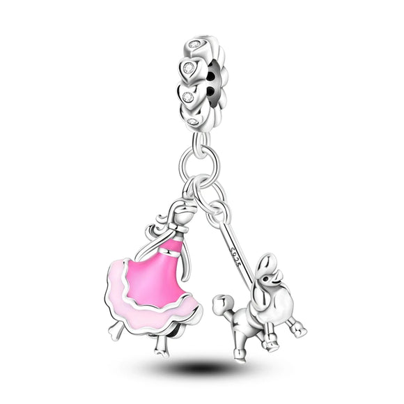 925 Sterling Silver Girl Walking Poodle Charm for Bracelets Jewelry Women Pendant