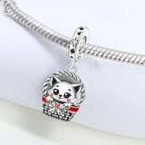 925 Sterling Silver Kitty Cat in a Basket Charm for Bracelets Fine Jewelry Women Pendant