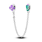 925 Sterling Silver Purple Flower Safety Chain Charm for Bracelets Jewelry Women