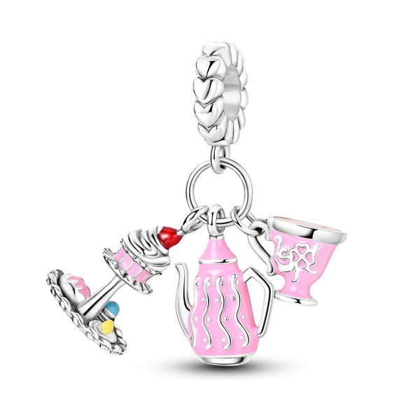 925 Sterling Silver Afternoon Tea Time Charm for Bracelets Fine Jewelry Women Pendant