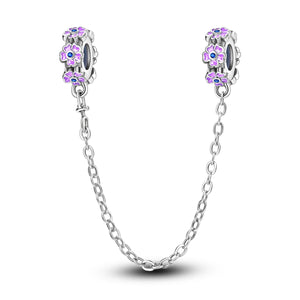 925 Sterling Silver Purple Flowers Safety Chain Charm for Bracelets Fine Jewelry Women