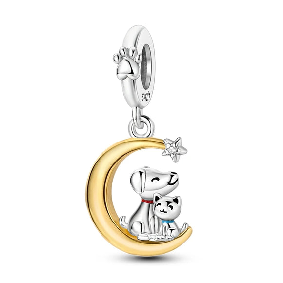 925 Sterling Silver Dog and Cat on the Moon Charm for Bracelets Jewelry Women Pendant