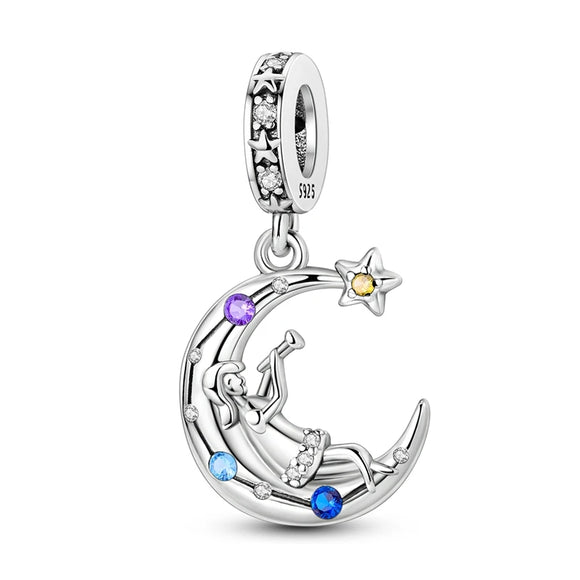 925 Sterling Silver Man on the Moon Charm for Bracelets Fine Jewelry Women Pendant