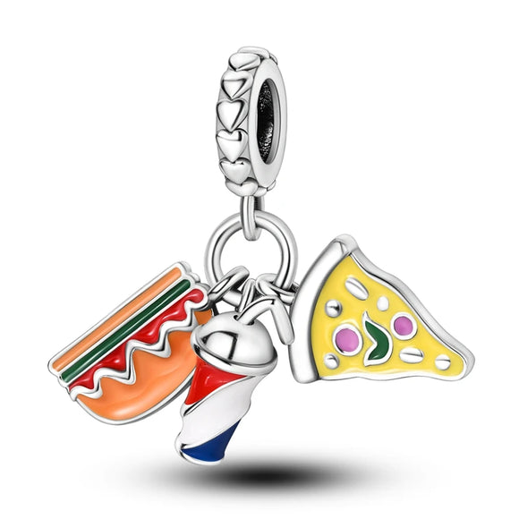 925 Sterling Silver Pizza Burger and Soda Charm for Bracelets Jewelry Women Pendant