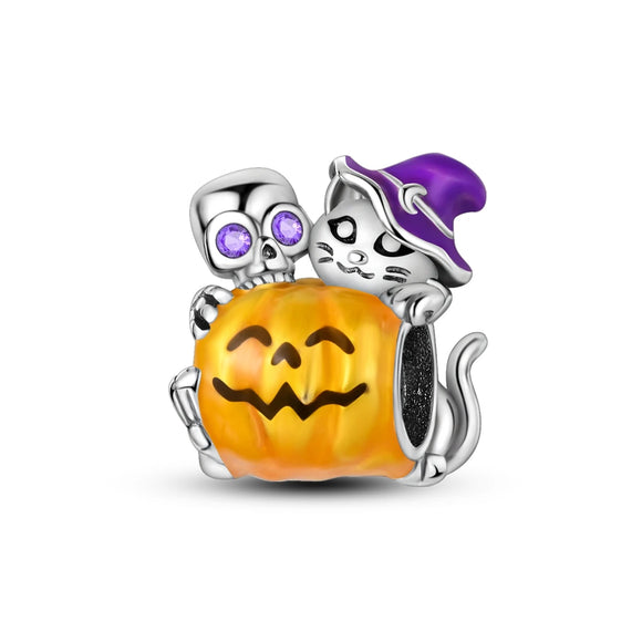 925 Sterling Silver Halloween Cat and Skeleton on Pumpkin Charm for Bracelets Fine Jewelry Women