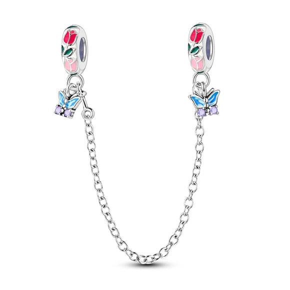 925 Sterling Silver Blue Butterflies safety Chain Charm for Bracelets Jewelry Women