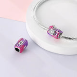 925 Sterling Silver Pink Photo Camera Charm for Bracelets Fine Jewelry Women