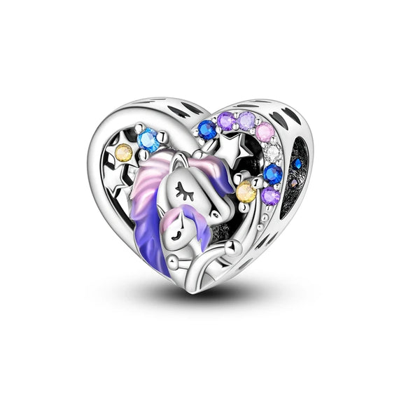 925 Sterling Silver Mom and Baby Unicorn Charm for Bracelets Fine Jewelry Women