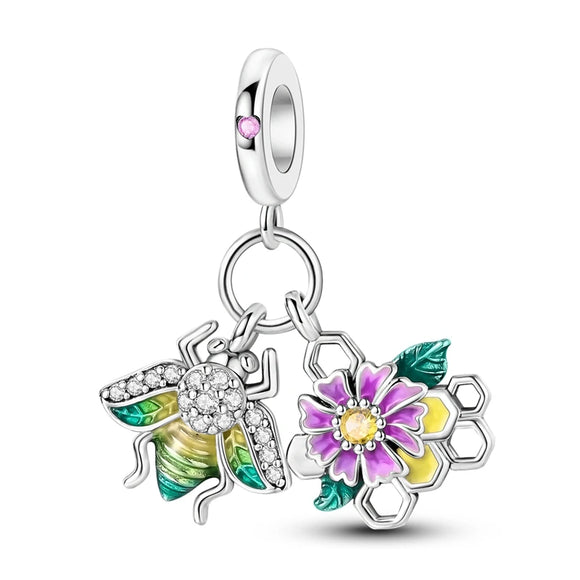 925 Sterling Silver Bee and Flower Charm for Bracelets Fine Jewelry Women Pendant