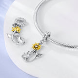 925 Sterling Silver Cat with Sunflower Charm for Bracelets Fine Jewelry Women Pendant
