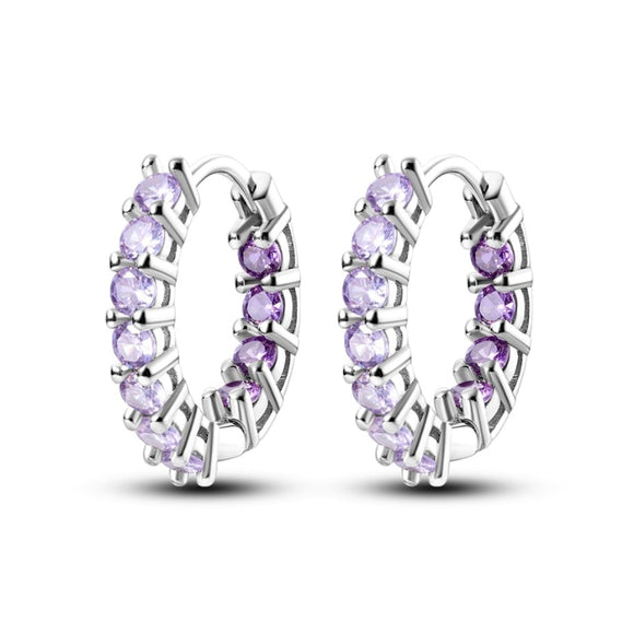 925 Sterling Silver Purple Sparkling Hoop Earrings Fine Jewelry Women
