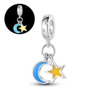 925 Sterling Silver Glow in the Dark Moon and Star Charm