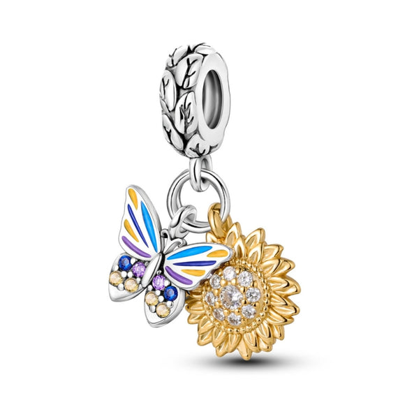 925 Sterling Silver Butterfly And Sunflower Charm for Bracelets Fine Jewelry Pendant